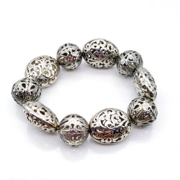 Vintage Filigree Beaded Bracelet, Silver Tone Bangle on Stretch Band - Picture 2 of 3